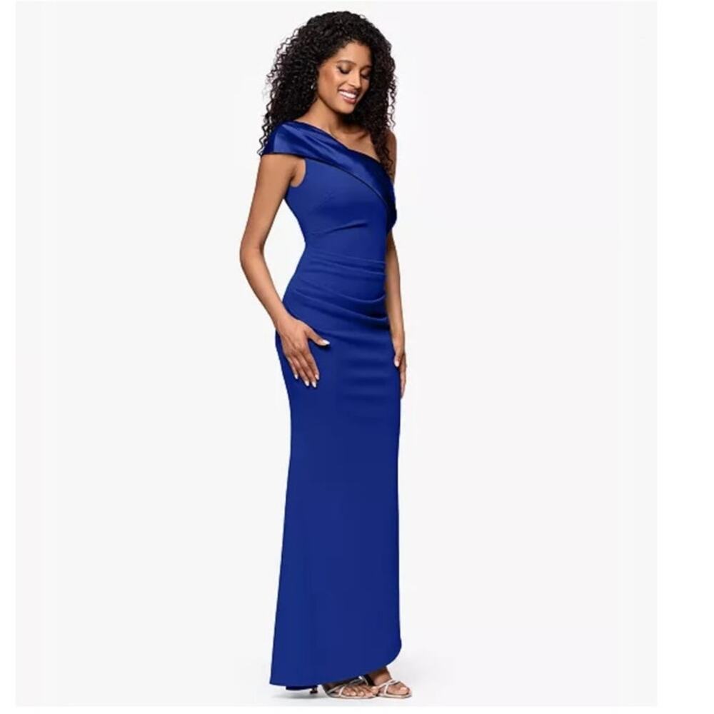 Betsy & Adam one shoulder asymmetrical hem indigo blue sheath dress gown 8
